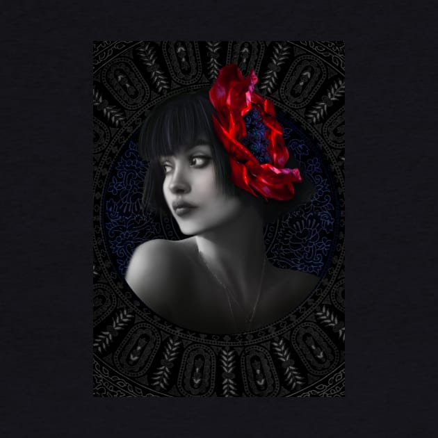 Black and white red flower girl portrait digital artwork by Relaxing Art Shop